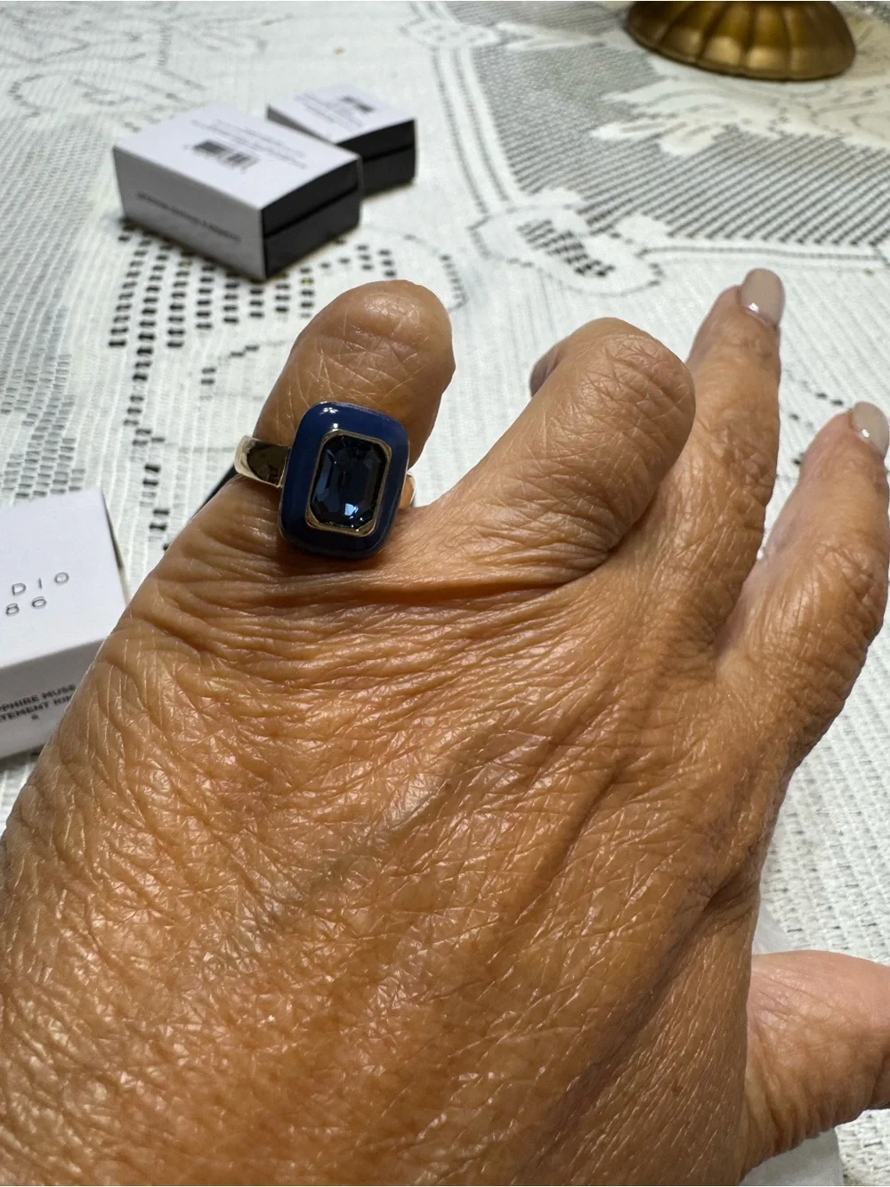 Avon Gold-Tone Ring with Deep Blue Stone and Navy Enamel